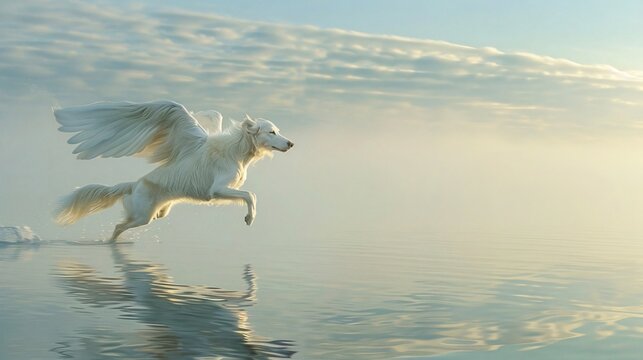 Pegasus like dog a symbol of dreams and exploration flying gracefully over the calm waters of a mystical lake