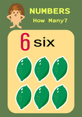 Numbers.Digital card with the image of fruits. Counting game for children. Mathematics worksheet for preschoolers.
