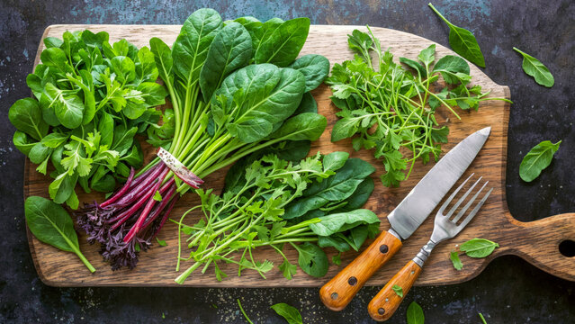 fresh dark leafy greens on a chopping board
