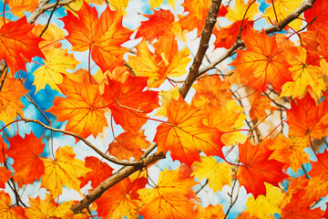 close-up of red and orange maple leaves on tree
