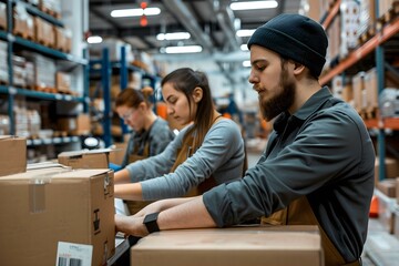 Efficient post delivery workers sorting packages in a bustling warehouse setting. Concept Efficient sorting, Post delivery, Warehouse setting, Packages, Busy environment