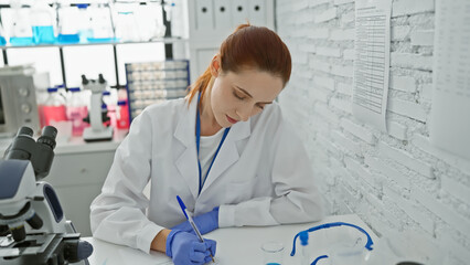 A young caucasian woman scientist taking notes in a laboratory, showcasing research and clinical...