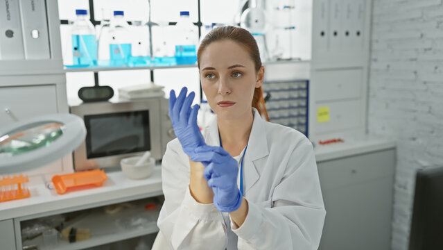 Young, caucasian woman scientist putting on blue gloves in a laboratory setting, embodying professionalism and concentration.