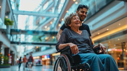 femme handicapée dans un fauteuil roulant dans le hall d'un grand centre commercial avec un ami valide qui l'aide - obrazy, fototapety, plakaty