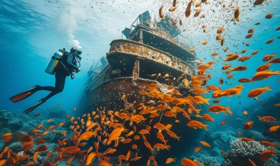diver exploring a sunken ship surrounded by a school of tropical fish, vibrant coral in the background - obrazy, fototapety, plakaty