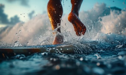 close-up of a surfer's feet firmly planted on a surfboard, cutting through a wave with spray flying around