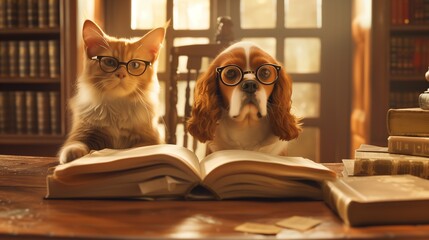 a cat and a dog, both adorned with stylish glasses, sit side by side at a large oak table - Powered by Adobe