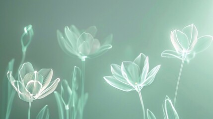 simple one line gentle tiny silver glowing neon flowers on a seafoam color background