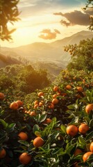 Sunlit scene overlooking the tangerine plantation with many tangerines, bright rich color, professional nature photo