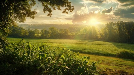 Sunlit scene overlooking the tobacco plantation, bright rich color, professional nature photo