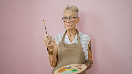 Passionate senior grey-haired woman artist in apron and glasses, wielding paintbrush over canvas...