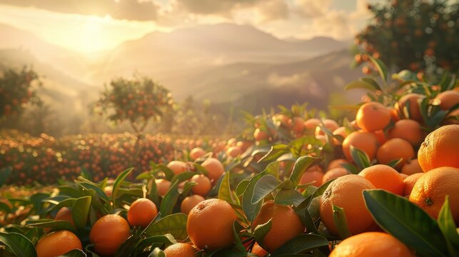 Sunlit scene overlooking the tangerine plantation with many tangerines, bright rich color, professional nature photo