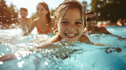 Children splash with pleasure and laughter in the pool in sunny summer weather