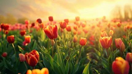 Behangcirkel Sunlit scene overlooking the tulip field with many tulips, bright rich color, professional nature photo © shooreeq