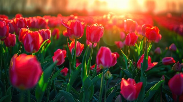 Sunlit scene overlooking the tulip field with many tulips, bright rich color, professional nature photo