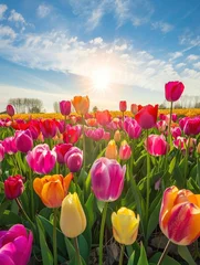 Gordijnen Sunlit scene overlooking the tulip plantation with many tulips, bright rich color, professional nature photo © shooreeq