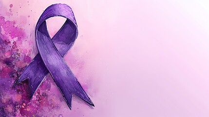 Purple ribbon on pink background, cancer awareness day. Ai generated image - obrazy, fototapety, plakaty
