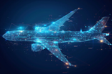 Polygonal commercial airliner. Flying passenger or cargo plane. Travel or air freight concept. wireframe.  Low poly air transport model. dark-Blue background. plexus, triangle, dot - obrazy, fototapety, plakaty