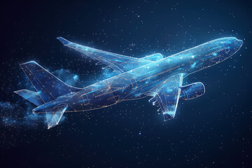 Fototapeta na wymiar Polygonal commercial airliner. Flying passenger or cargo plane. Travel or air freight concept. wireframe. Low poly air transport model. dark-Blue background. plexus, triangle, dot