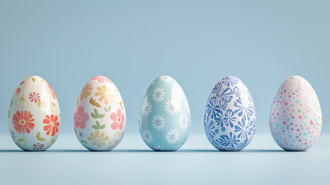 Easter Eggs with Artistic Floral Decor on Soft Blue Background: Beautiful and Elegant Easter Holiday Decor