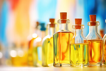 close-up image of pristine glass bottles with vivid oils