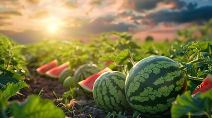 Sunlit scene overlooking watermelon plantation, bright rich color, professional nature photo