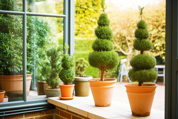 spiral boxwood topiaries in terracotta planters