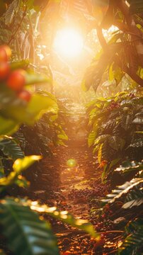 Sunlit scene with ripe coffee beans on the plantation, bright rich color, professional photo