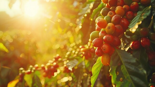 Sunlit scene with ripe coffee beans on the plantation, bright rich color, professional photo