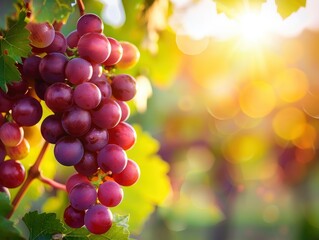 Sunlit scene with ripe grapes close-up on the vineyard, grapes bright rich color, professional photo