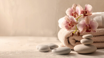 Fototapeta na wymiar ?andles, stones and towel in a spa, Burning candles, stones and towel on massage table, white colors