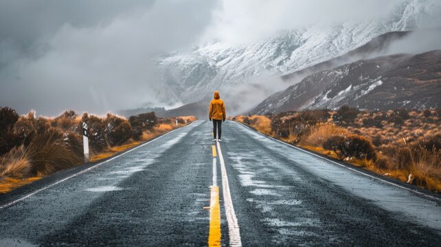 Man Walk into Mountain Road - A person in yellow on a journey through a snowy landscape
