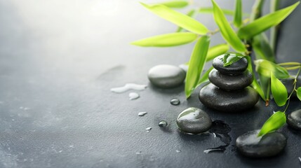 Black spa background, spa concept, green bamboo and black stones