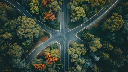 Crossroads in Lush Forest - Aerial view of a crossroad amidst vibrant forest foliage