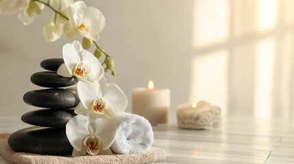Fototapeta na wymiar ?andles, stones and towel in a spa, Burning candles, stones and towel on massage table, white colors