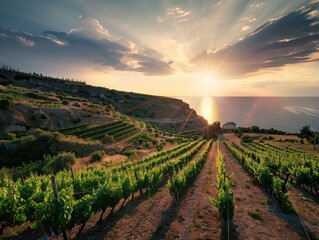 Vineyards on the slopes of the Mediterranean coast, rays of the setting sun shining into the...