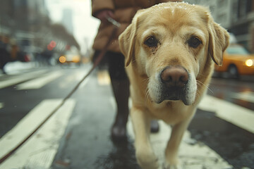 human with helpful guide dog in city streets 