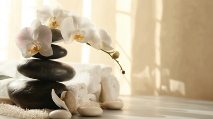 ?andles, stones and towel in a spa, Burning candles, stones and towel on massage table, white colors