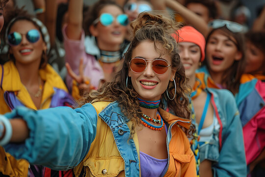 the girls are dressed in the retro style of the 90s, the mood of dancing and fun
