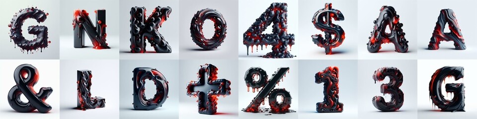 Obsidian and Red glass 3D Lettering Typeface. AI generated illustration