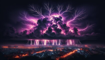 Majestic Thunderstorm with Lightning over Cityscape at Night