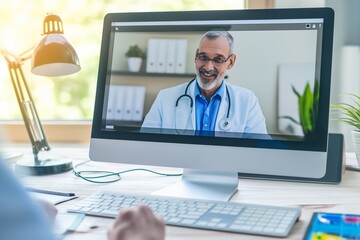 doctor talking from his work computer using online video chat, concept of medicine and consultations over the Internet