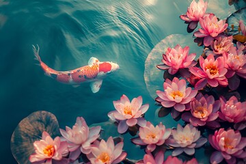 Koi fish swimming, Colorful decorative fish float in an artificial pond with beautiful flowers - obrazy, fototapety, plakaty