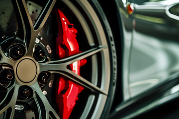 closeup of sports car alloy rim with red brake caliper