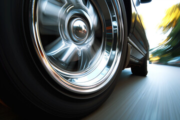 closeup of spinning rim on moving vehicle