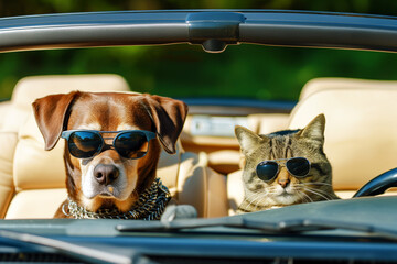 canine and feline wearing sunglasses in convertible