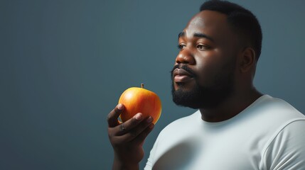 Overweight man eating an apple. Healthy food concept. Ai generated image