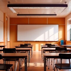 Empty modern classroom with blank whiteboard, bright sunny cheerful education environment