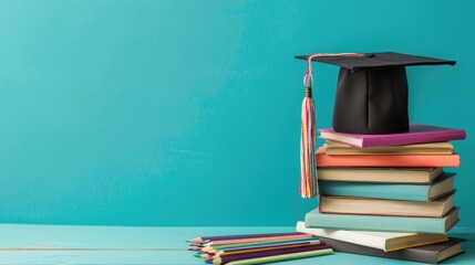 Graduation day.A mortarboard and graduation scroll on stack of books with pencils color in a pencil case on blue background.Education learning concept. - obrazy, fototapety, plakaty