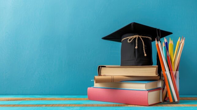 Graduation day.A mortarboard and graduation scroll on stack of books with pencils color in a pencil case on blue background.Education learning concept.